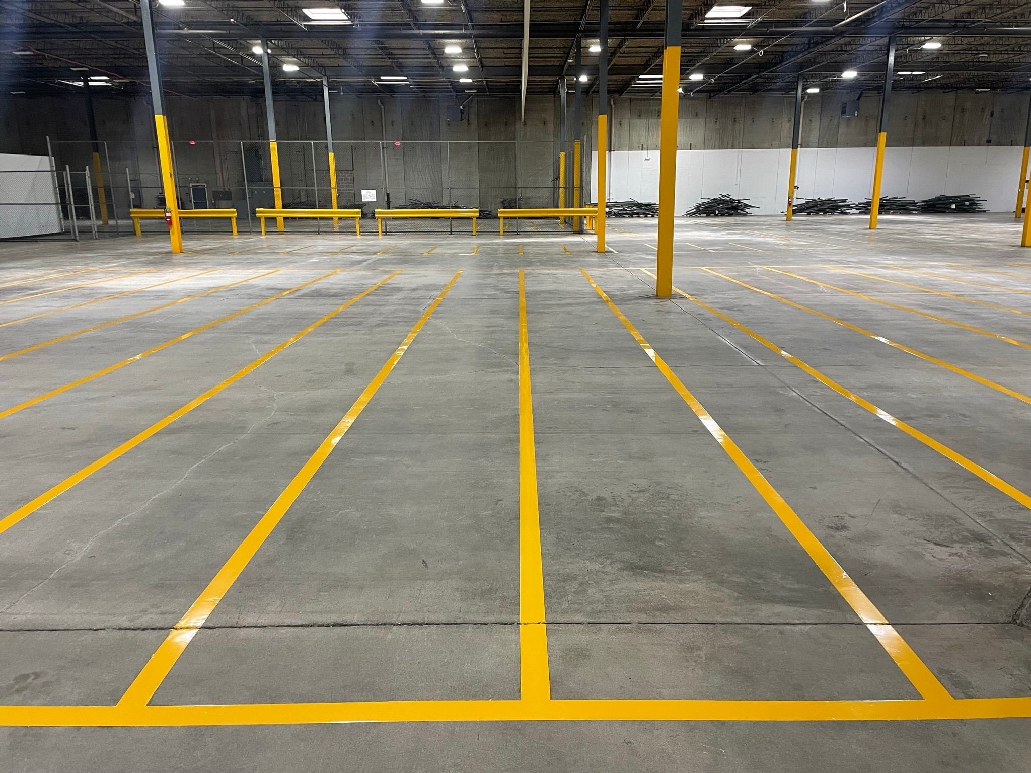 Customized line striping on a warehouse floor.